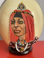 African Vintage Ostrich Egg Hand Painted Beaded Kgotso Bhaca Woman Portrait 6”