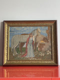 Antique Petit Point Needlepoint Medieval Lady With Two Horses 19” x 16” Framed