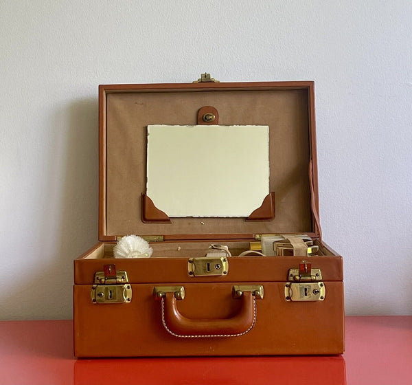 Vintage Fuller Brush Hard Train Travel Case Mirror & Accessories Leather MCM 60s