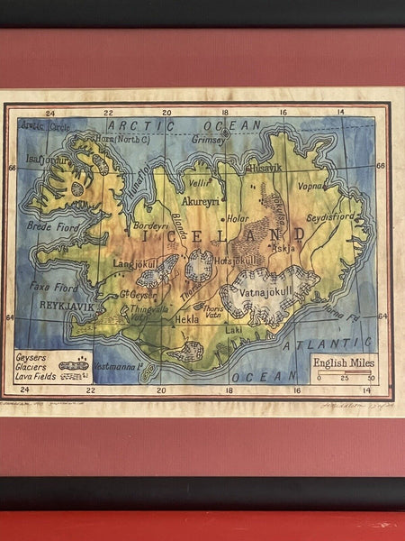 Hand Colored Iceland Historical Map Lisa Middleton Geysers Glaciers Lava Fields