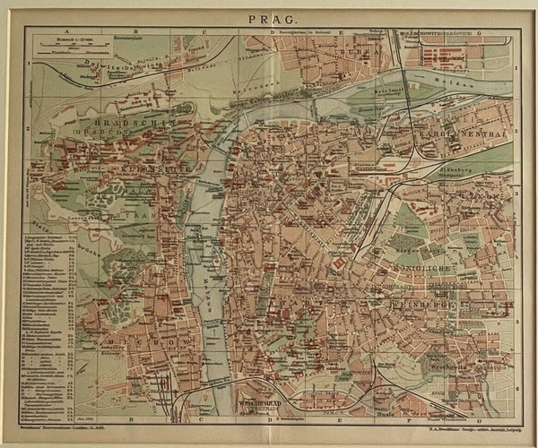 Old Historical Map PRAGUE Czech Republic FA Brockhaus Konversations Vintage