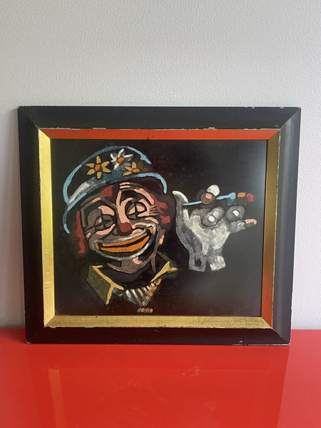 Kitsch Clown Velvet Portrait Framed Under Glass Wacky Weird Art 1960s 1970s