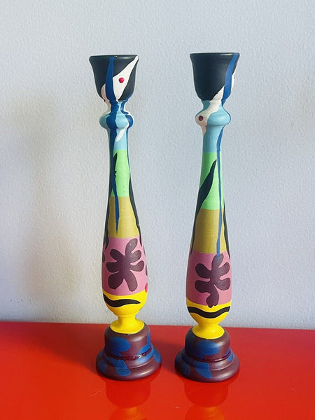 Hand-painted HENRI MATISSE Wooden Candlestick Pair 11” Artisan One Of A Kind