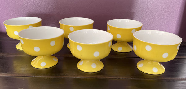 Retro Footed Porcelain Dishes Polka Dot Funky Ice Cream Fruit Dessert Set of 6