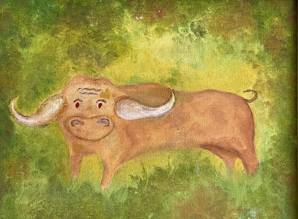 BULL IN THE GRASS Signed KNELLER Outsider Amateur Art 14” x 16” Framed Quirky