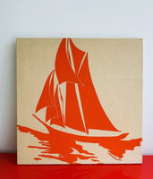 1970s Canvas Fabric Art SAILBOAT Noel Brown Dallas Texas Retro MOD 24” Sq