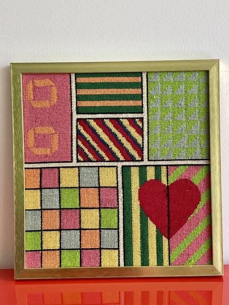 Vintage Needlepoint Retro Graphic Art Heart 16” Sq. 70s Era Modernist Bargello