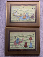 Persian Hunting Scenes Rajasthani Mughal Framed Silk Art Antique 19th Century