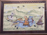 Persian Hunting Scenes Rajasthani Mughal Framed Silk Art Antique 19th Century