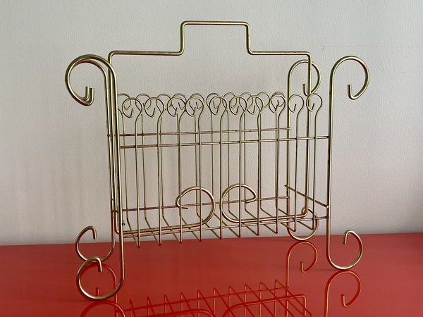 Vintage Magazine Rack Stand Record LP Holder Gold Tone Funky Atomic 70s Retro