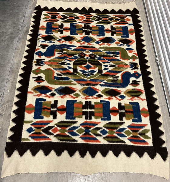 Pictorial Tribal Wool Rug Kilim VINTAGE ESTATE FIND Geometric Birds 5’ x 7.5’