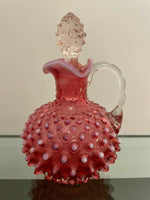 Old Fenton Glass Hobnail Cruet Cranberry Opalescent Antique w/ Original Stopper