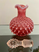 Old Fenton Glass Hobnail Cruet Cranberry Opalescent Antique w/ Original Stopper