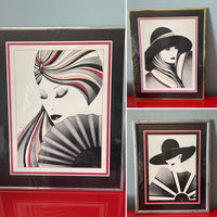 Glam JEANNETTE Signed Vintage Retro Framed Set of 3 Art Deco Prints Mod Nagel