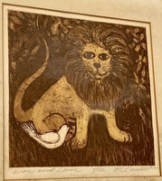 Madsen-Conant MCM Print Modernist Lion & Dove Fine Art Lithograph As Is READ