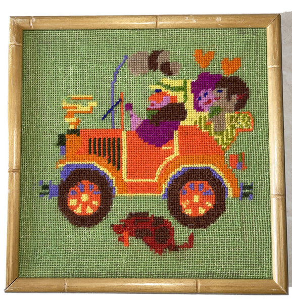 Retro Framed Needlepoint “Sunday Drive” Groovy Kitsch Retro 9” X 9”