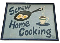 SCREW HOME COOKING Unique 1980s Needlepoint Art Framed Kitchen Kitsch 23" x 17”