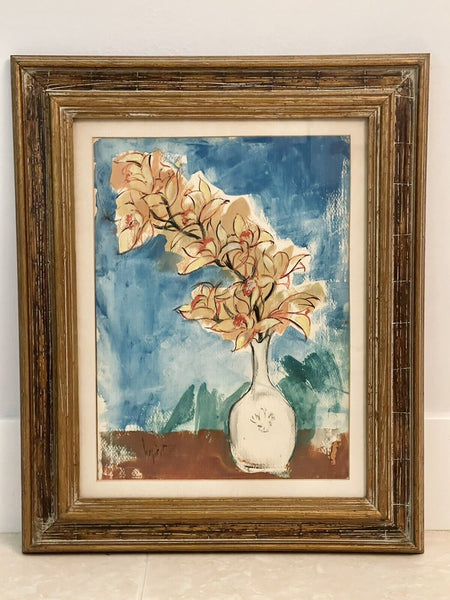 Original Signed MCM Modernist Framed Art Watercolor Painting Still Life Flowers