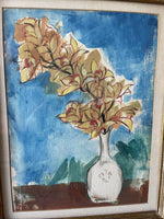 Original Signed MCM Modernist Framed Art Watercolor Painting Still Life Flowers