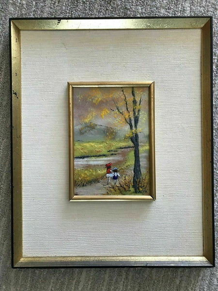 Copper Enamel Painting MAFALDA Children On Path 12” x 16” Louis Cardin Era 1970s