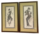 Batuan Bali Silk Paintings Art TIKI Dancers Framed Pair Hollywood Regency Mod