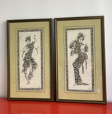 Batuan Bali Silk Paintings Art TIKI Dancers Framed Pair Hollywood Regency Mod
