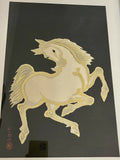 Nisaburo Ito “Gold Horse” Japanese Framed Vintage Woodblock Print 1950s MCM