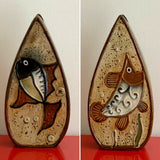 Double Sided 12” Studio Pottery Ceramic Vase MCM Modernist Textural FISH DESIGN