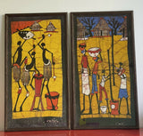 1970s Vintage African Wax Batik Art Pair Signed Tribal 16” x 29” Framed Estate