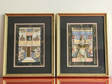 Pair Antique 19th c. Indo-Persian Palace Scenes Mughal Framed Watercolor Ink Art