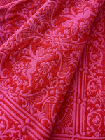 Psychedelic 70s Damask Coverlet Retro Bedspread Cherubs Flowers Fuchsia Red FULL