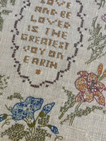 Vintage 1970s Embroidery Needlepoint Sampler Art Pair LOVE Floral Cottage Retro