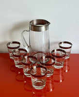 Silver Banded Cocktail Glasses w/ Pitcher Set of Seven (7) MCM Retro Bar Thorpe