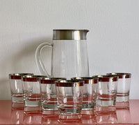 Silver Banded Cocktail Glasses w/ Pitcher Set of Seven (7) MCM Retro Bar Thorpe