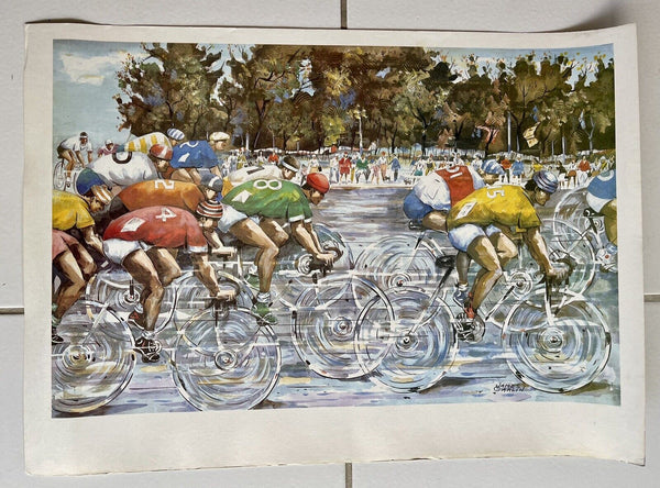 James Carlin Fine Art Illustration Print Bicycle Race Plate Signed 25” x 18”