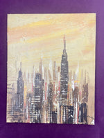 Orig MCM Modernist Art Acrylic Painting City Skyline Abstract Skyscrapers Signed