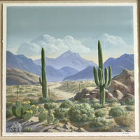 Stunning Fine Art Monoprint “Distant Peaks” by R Dyer CA Desert Mountain Cactus