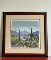 Stunning Fine Art Monoprint “Distant Peaks” by R Dyer CA Desert Mountain Cactus