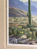 Stunning Fine Art Monoprint “Distant Peaks” by R Dyer CA Desert Mountain Cactus