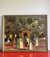 Lakroune 1975 MCM Modernist Orig Art Moroccan Souk Market on Panel 36” x 30”