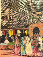 Lakroune 1975 MCM Modernist Orig Art Moroccan Souk Market on Panel 36” x 30”