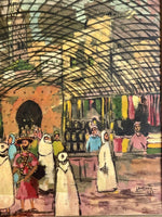 Lakroune 1975 MCM Modernist Orig Art Moroccan Souk Market on Panel 36” x 30”