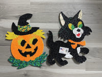 (2) Vintage Melted Plastic Popcorn Halloween Black Cat & Pumpkin Decorations