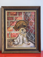 Orig Vintage Sad Eye GIG Puppy Dog Painting on Board 20” x 24” Framed MCM Mod