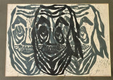 Modernist MCM Linocut Abstract Faces ? Fine Art Print Signed B. Paston Framed